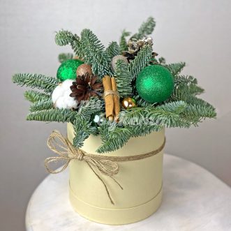 Зеленые шарики и хлопок в коробке