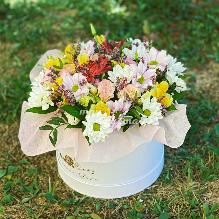 Шляпная коробка альстромерий и хризантем (на траве)