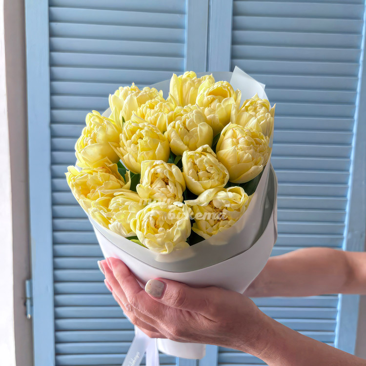 Букет 15 пионовидных желтых тюльпанов (в руках флориста)