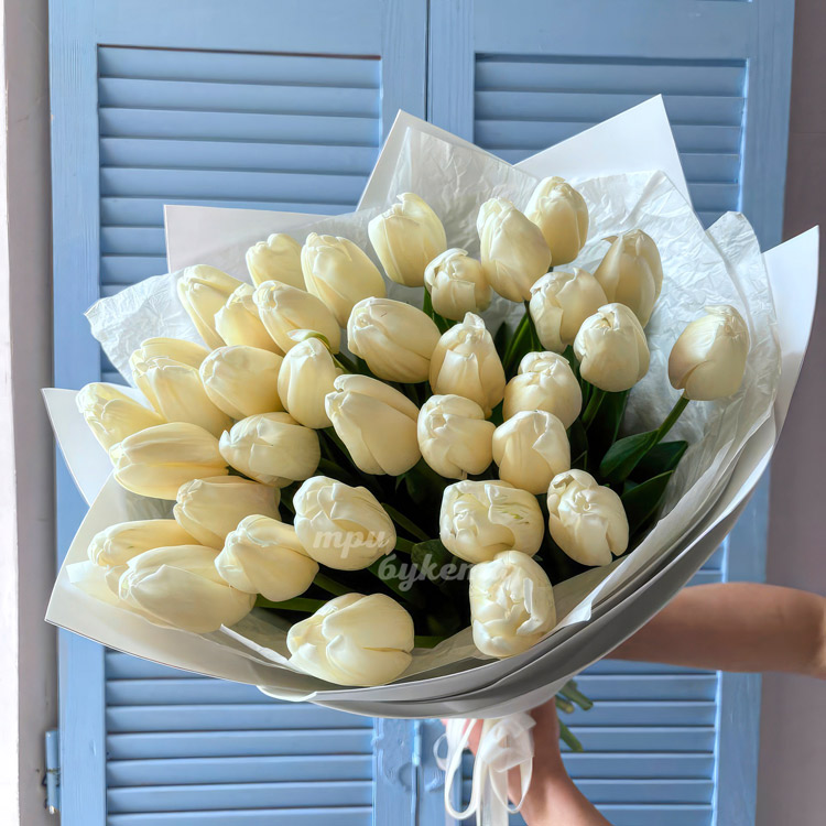 Букет 35 классических белых тюльпанов (вид сверху)