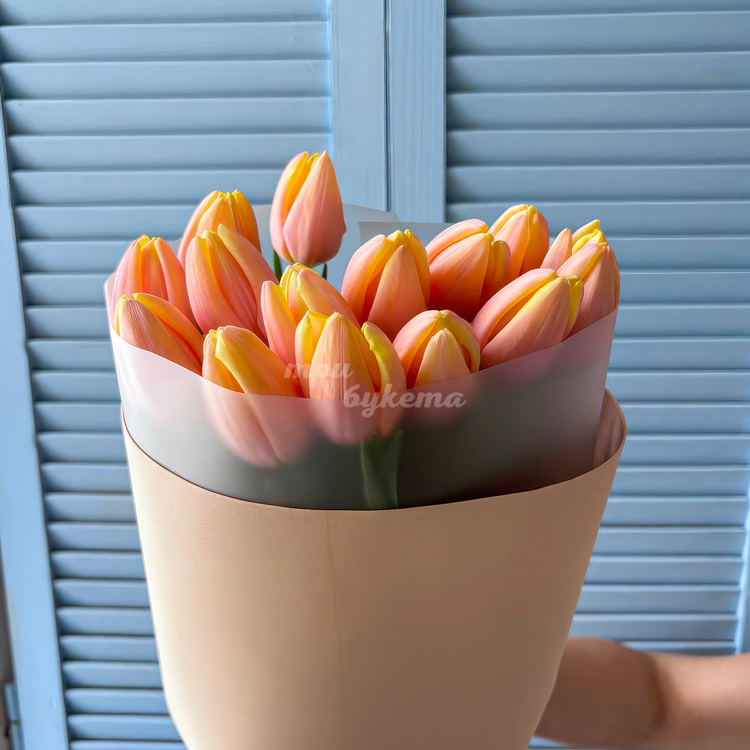 Букет из 15 персиковых тюльпанов (крупный план)
