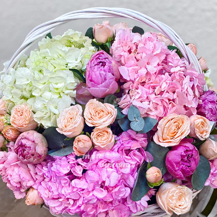 Корзина ярких пионов, роз и гортензий (крупный план)