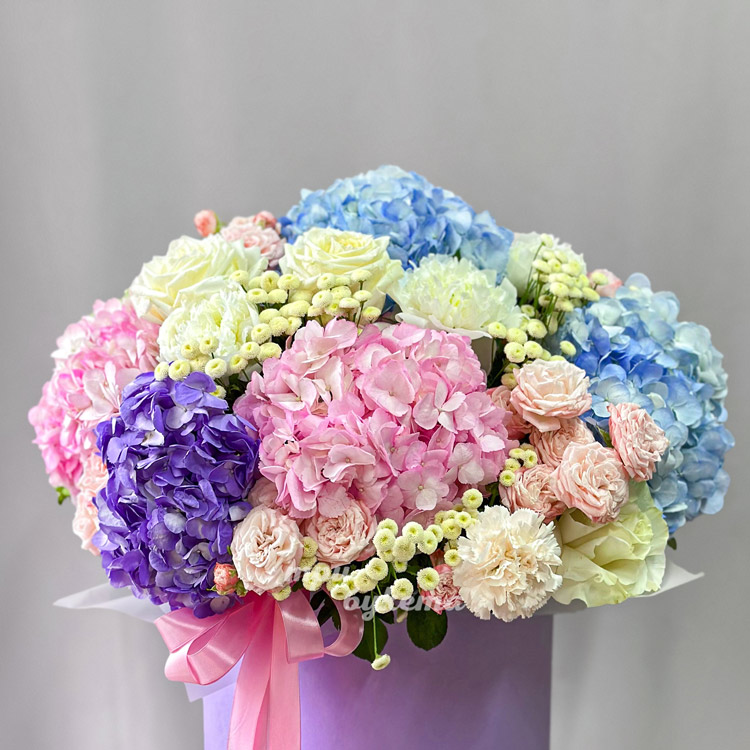 Разноцветные гортензии с розами в коробке (крупный план)