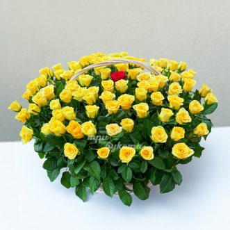 Корзина из 100 желтых и 1 красной розы Корзина из 100 желтых и 1 красной розы